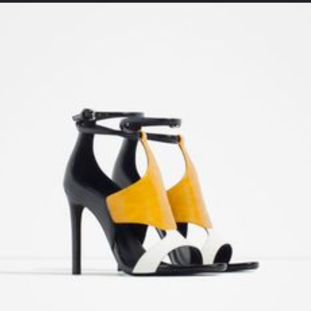 Zara Mostaza Black & Mustard/Gold Strappy Heel Sandal Size 8 BNIB